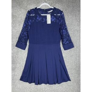 Meaveor Lace Pleated‎ Fit & Flare Dress Womens Size XL Stretch Navy Blue